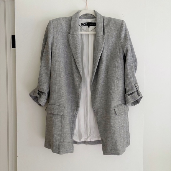 Zara Long Open Blazer Lapel Collar Padded Shoulders Grey Size M - Picture 5 of 8